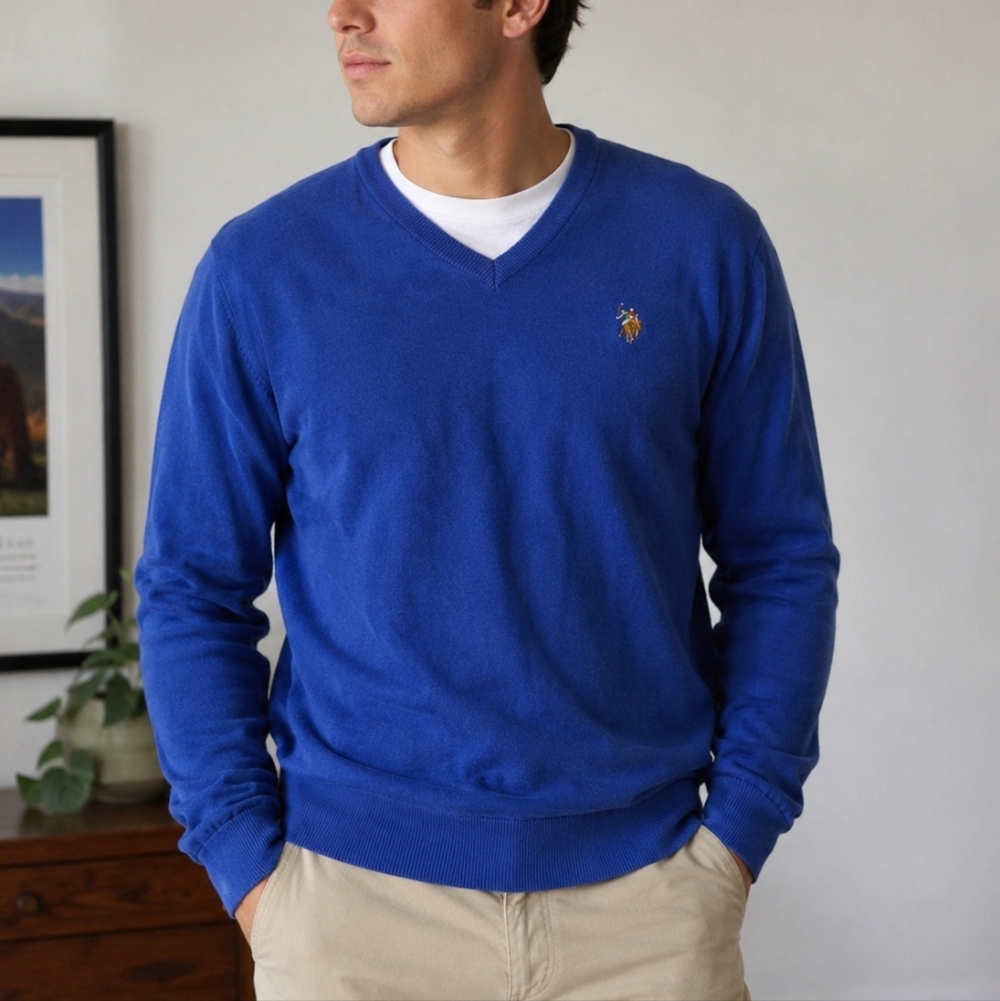U.S. Polo Assn Royal Blue V-Neck Sweater Men’s XL 100% Cotton Preppy Pullover
